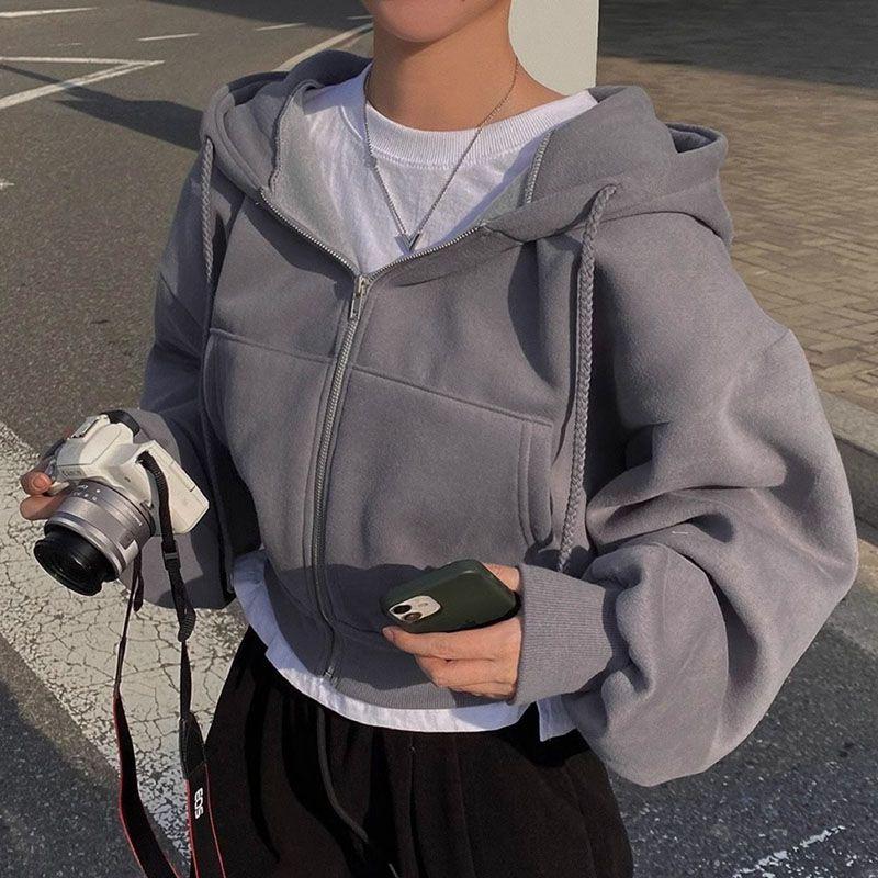Women's Loose Fit Zip-Up Hooded Sweatshirt - Solid Color, Autumn/Winter 2025 Collection, Available in 6 Colors.