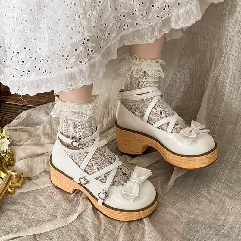 Fashion Women's Cross Strap JK Lolita Shoes Spring and Autumn Leather Outdoor High Heels Mary Jane Shoelaces Bow