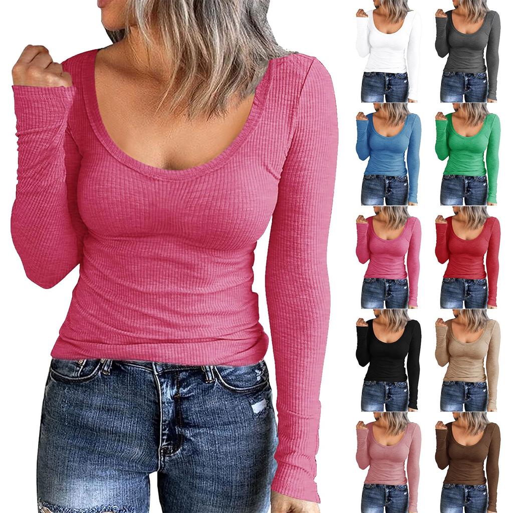 Women's Autumn And Winter Slim Bottom T-shirt Fashion Casual Solid Color U Neck Pullover Long Sleeve Top