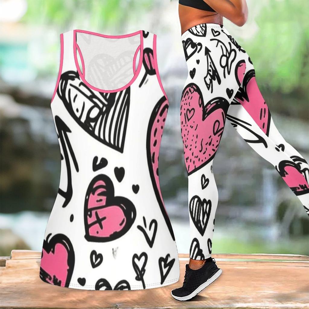 Completo Yoga Stampato a Forma di Cuore per Donna Moda Leggings da Allenamento Fitness Sportivo Set Yoga Casual Tuta Sportiva Esclusiva per San Valentino