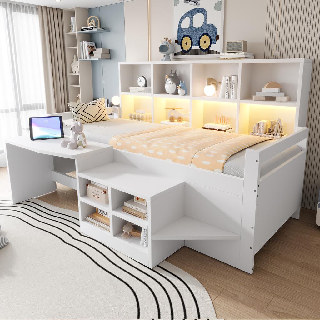 Children's Bed 90×200 Cm, Desk With Storage And Sockets, LED Light Strip And Multi-level Shelves, Single Bed Made Of Solid Wood, Youth Bed, White