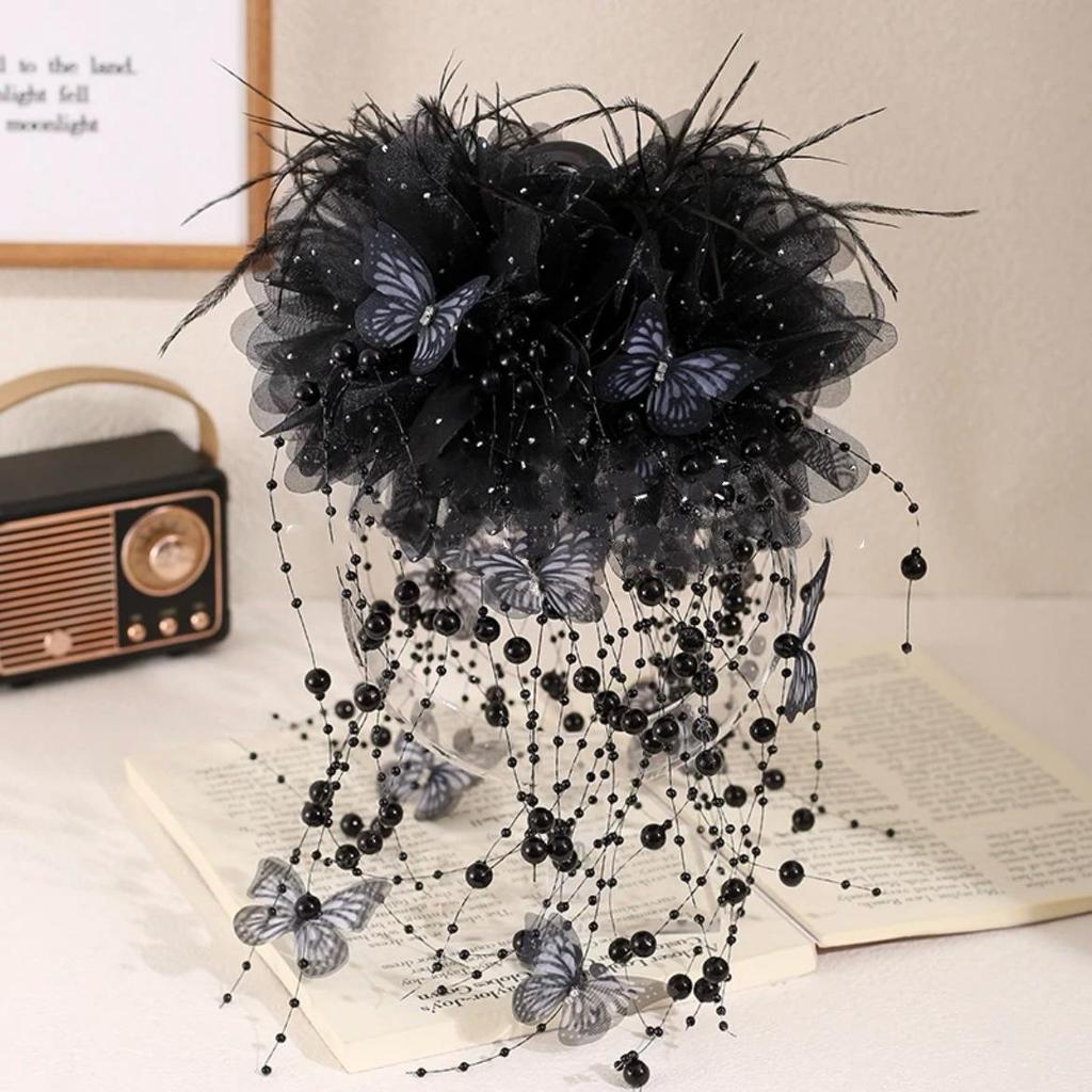 Large Bright Silk Flower & Feather Bead Tassel Hair Clip for Women's Updo