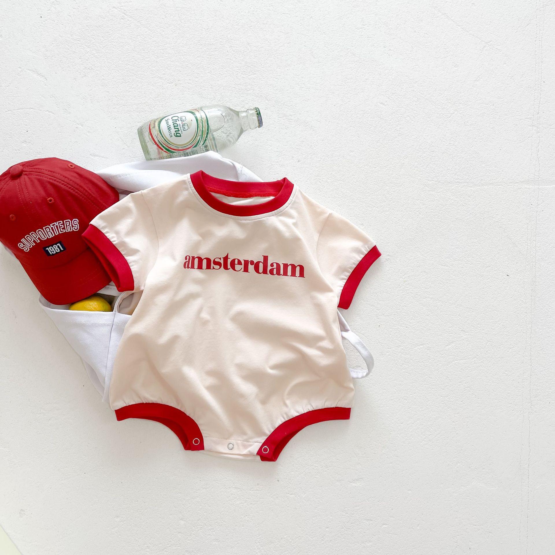 Summer Baby Cotton Short Sleeve Romper Letter Print Block Infant Bodysuit Crawling Clothes 66