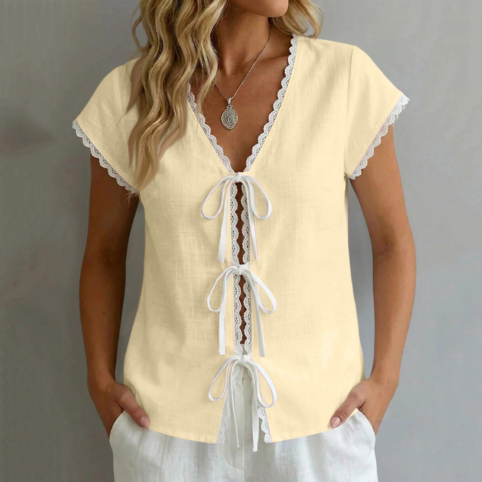

Ladies Casual And Fashionable Lace Short Sleeved Shirt Top XL жовтий