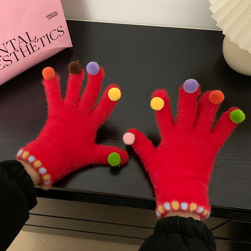 

Touch Screen Color Ball Gloves Female Winter 2025 New Arrival K-style Finger Cycling Warm-Keeping and Cold-Proof Five Finger Finger Red