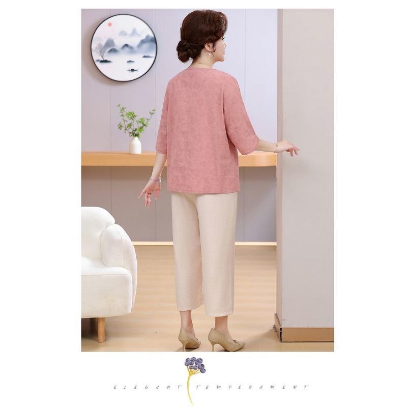 Summer Dress with Three-quarter Sleeves Plus Fat for Middle-aged and Elderly People New Chinese Style National Style Embroidery