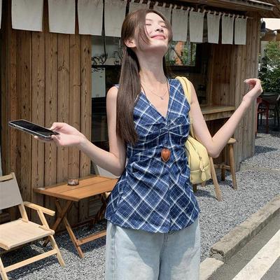 Korean Retro Patchwork Plaid Camisole: Summer 2026 Slimming Versatile Top