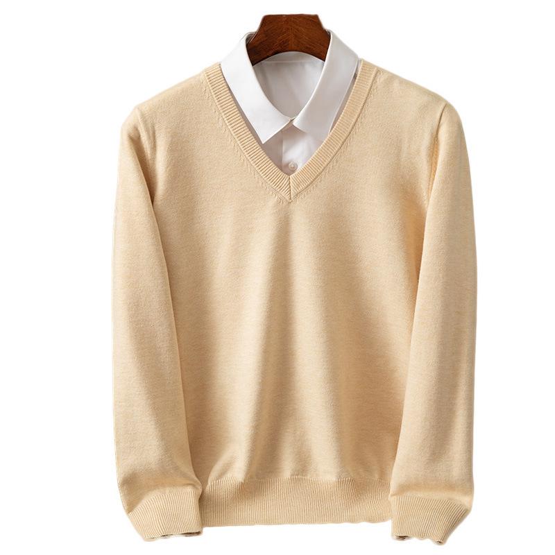 Suéter de Punto para Hombre con Cuello en V - Casual, de Negocios, Corte Holgado, Color Sólido, Manga Larga