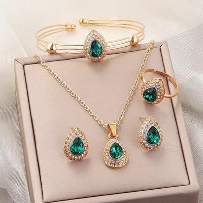 Water Droplet Gemstone Jewelry Four Piece Set Alloy Diamond Necklace Earrings Ring Bracelet Women Banquet Versatile Multi Color Crystal Jewelry