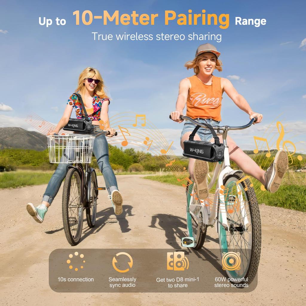 30W Portable Bluetooth Speaker with Powerful TF USB and Waterproof for Home Use W-KING 24-Hour Playtime, Bass, NFC, Card, Playback, Built-in