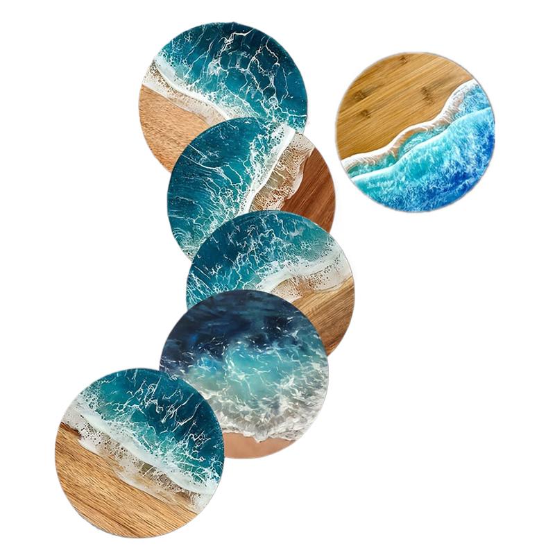 

Ocean Wave & Wood Grain Coasters Set Heat-Resistant Drink Coasters for Coffee/Tea Mugs, Beach Theme Home Decor