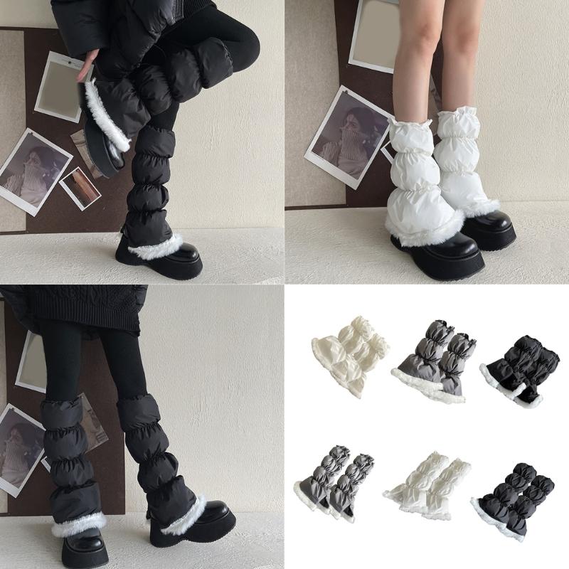 Women's Insulated Thermal Padded Puffer Leg Warmers Outdoor Cold Weather Plush Hem Quilted Boot Covers Gaiters Socks