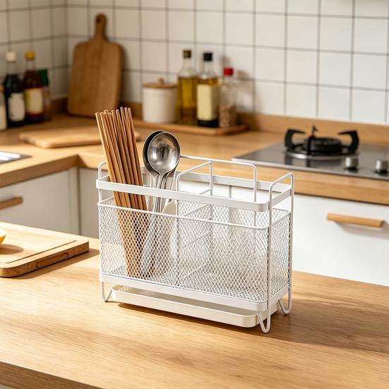 Utensil Storage Rack with Divided Compartments Organizer Drainage Holes Design Rack for Kitchen Countertop