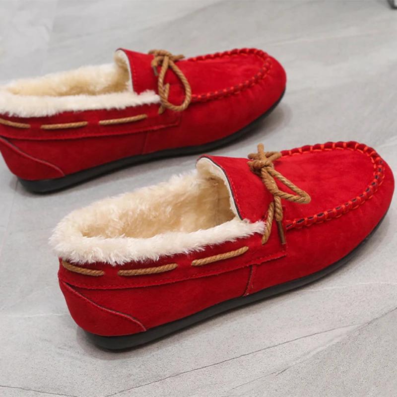 Winter Shoes Women Casual Flat Shoes Women's Moccasins Soft Loafers Fashion Comfort Warm Plush Bow Slip on Female Cotton Shoes