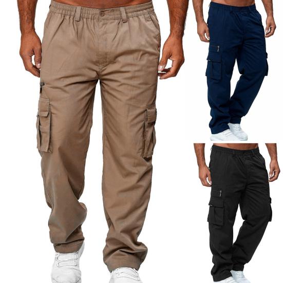 Men Pants Solid Color Multi Pockets Straight Mid Waist Cargo Pants for Daily Wear