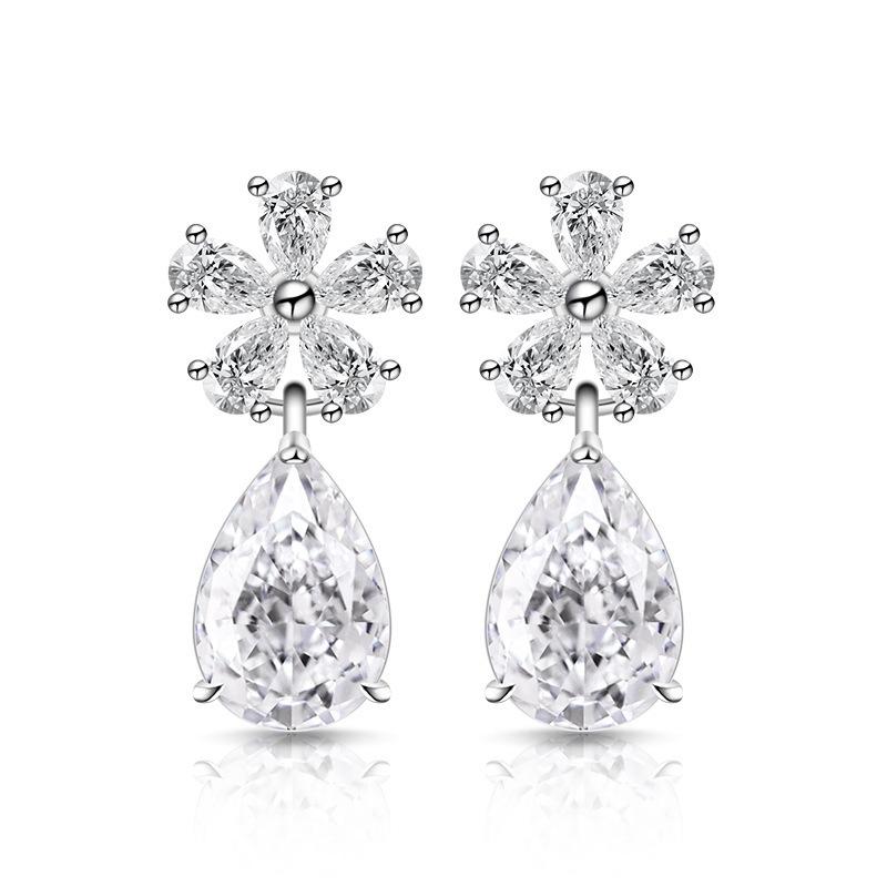 925 Sterling Silver Fashion Light Luxury Ice Flower Cut Cherry Blossom Pear-shaped Crystal Zircon Stud Earrings Anniversary Gift белый