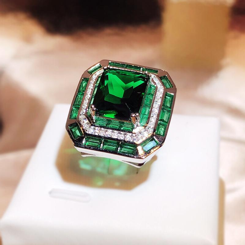 New Simulation Emerald Tourmaline Opening Ring Female  Silver Luxury Princess Square Full Diamond Ring Party Gift