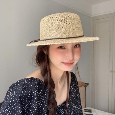 With Bow Straw Boater Hat Breathable Mesh Sun Protection Handwoven Sun Cap Wide Brimmed Lightweight Flat Top Beach Hat