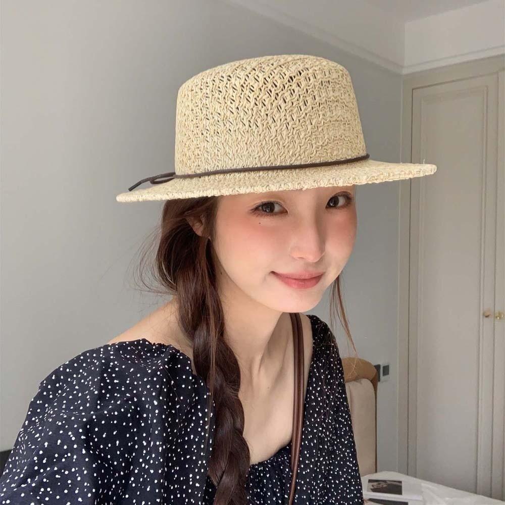 With Bow Straw Boater Hat Breathable Mesh Sun Protection Handwoven Sun Cap Wide Brimmed Lightweight Flat Top Beach Hat