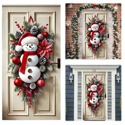Christmas Snowman Wreath with Scarf Snowman Christmas Door Cover Snowman Wreath Wall Hanging for Holiday Home Decor