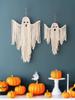 White Macrame Halloween Ghost Wall Hanging Tapestry, Hand-Woven Tassels Tapestries for Home, Bedroom Living Room Wall Decor Gift