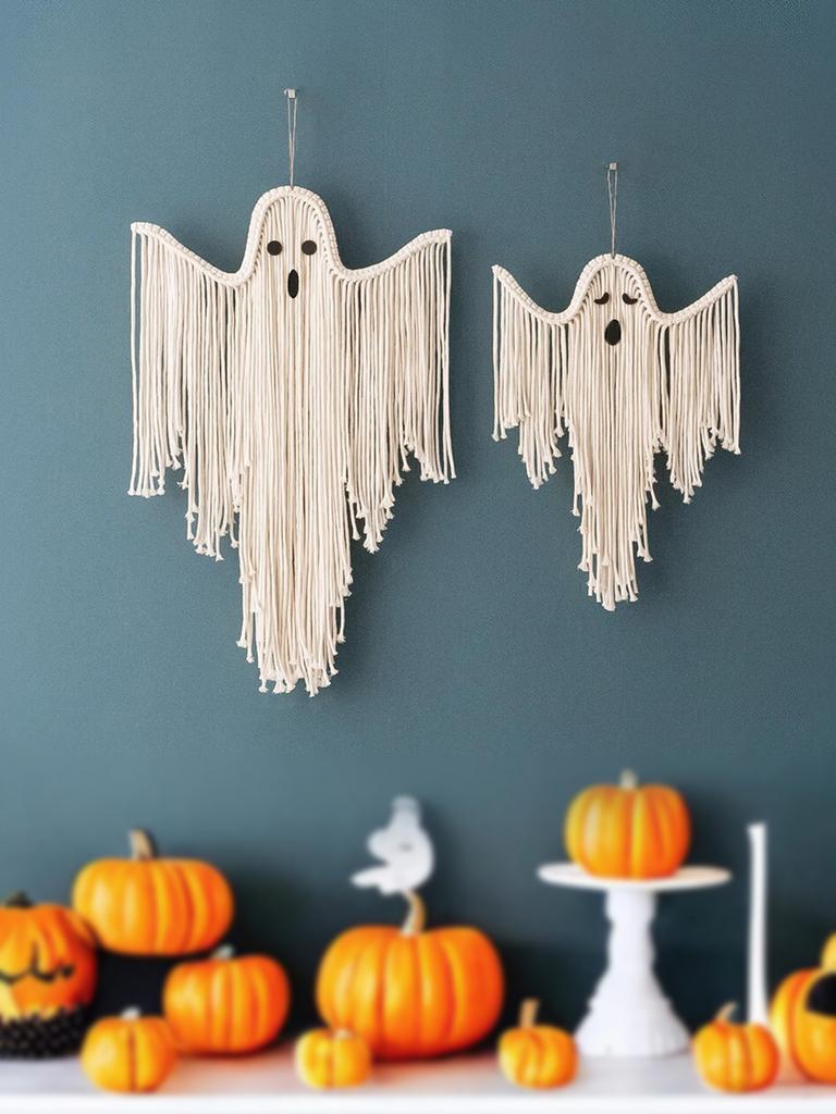 White Macrame Halloween Ghost Wall Hanging Tapestry, Hand-Woven Tassels Tapestries for Home, Bedroom Living Room Wall Decor Gift