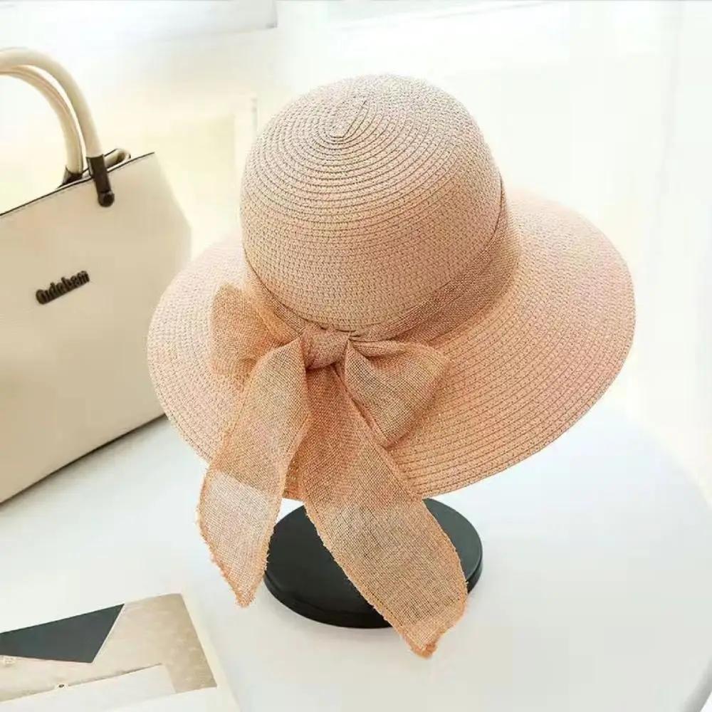 New Summer Women Sun Hat Casual Fashion Bowtie Fisherman Hat Straw Hat with Bow Ribbon Travel Beach Hat