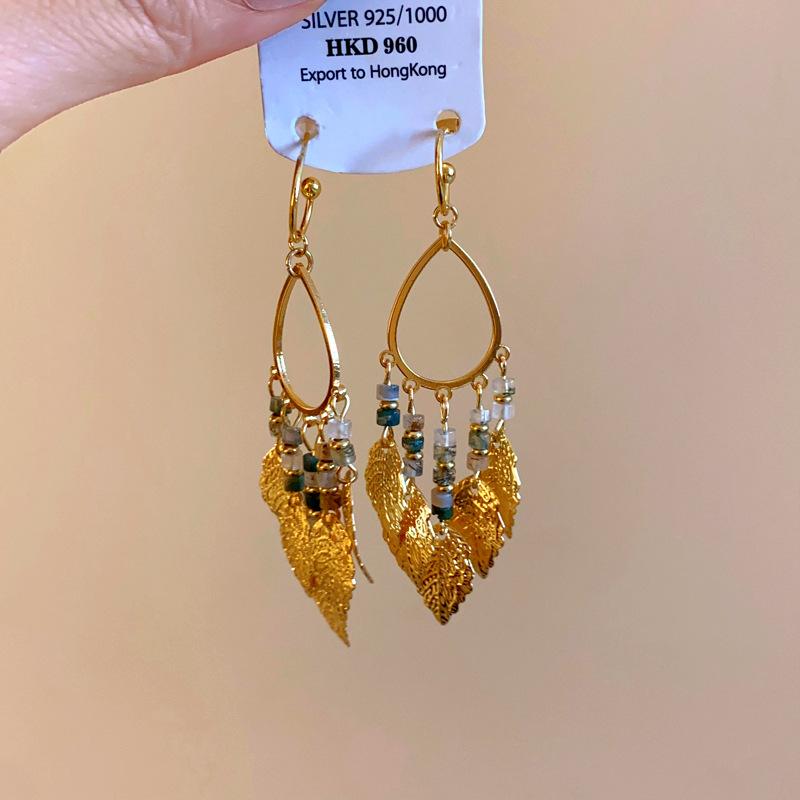

Bohemian silver needle water drop beaded earrings women s retro long leaf fringed earrings high-end earrings