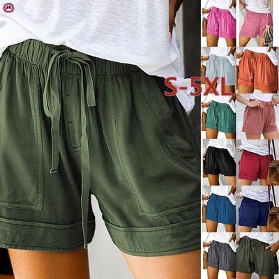 Pantaloni corti larghi con tasche in vita elastica casual, comodi con coulisse da donna