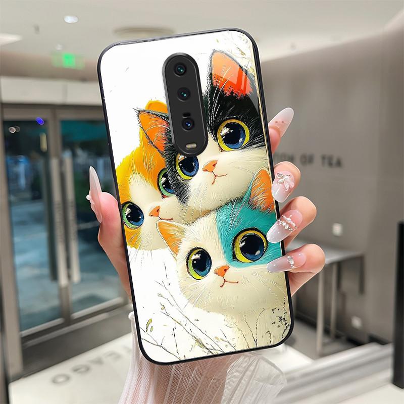 Cute Cartoon Cats Flower Case For Xiaomi Mi 9T Redmi K20 Pro Poco F2 Tempered Glass Phone Case Protective Back Cover Hard Shell