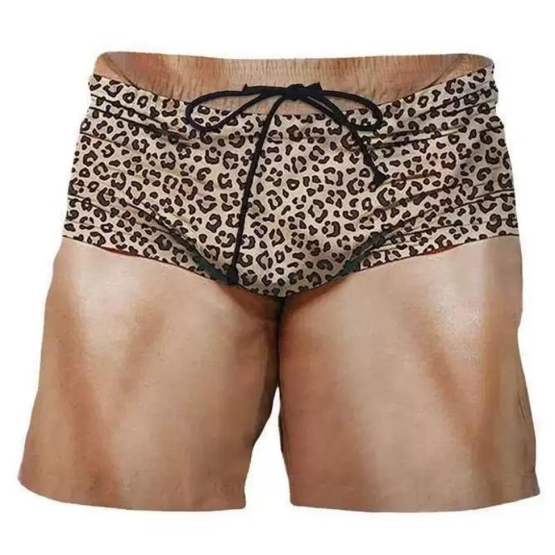 Men Funny Prank Leopard Fake Butt Beach Shorts Novelty 3D Print Quick‑Dry Drawstring Elastic Waist Holiday Party Swim Trunks