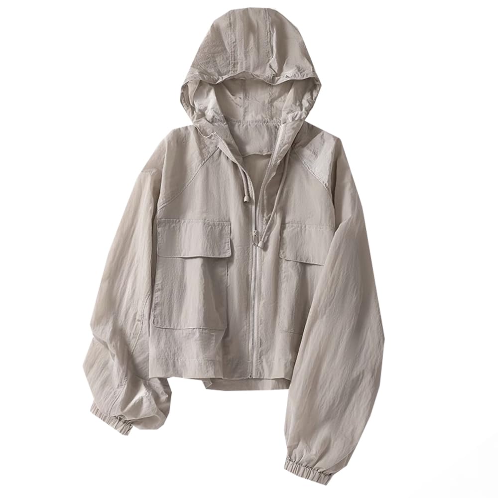 

QUNCHAORI Рашгард от солнца УФ Короткий Пышный УФ Оверсайз Женский Защита, Защита, Защита, С капюшоном, Купальник, Кардиган, Длина, Прозрачный, Рукава, серый