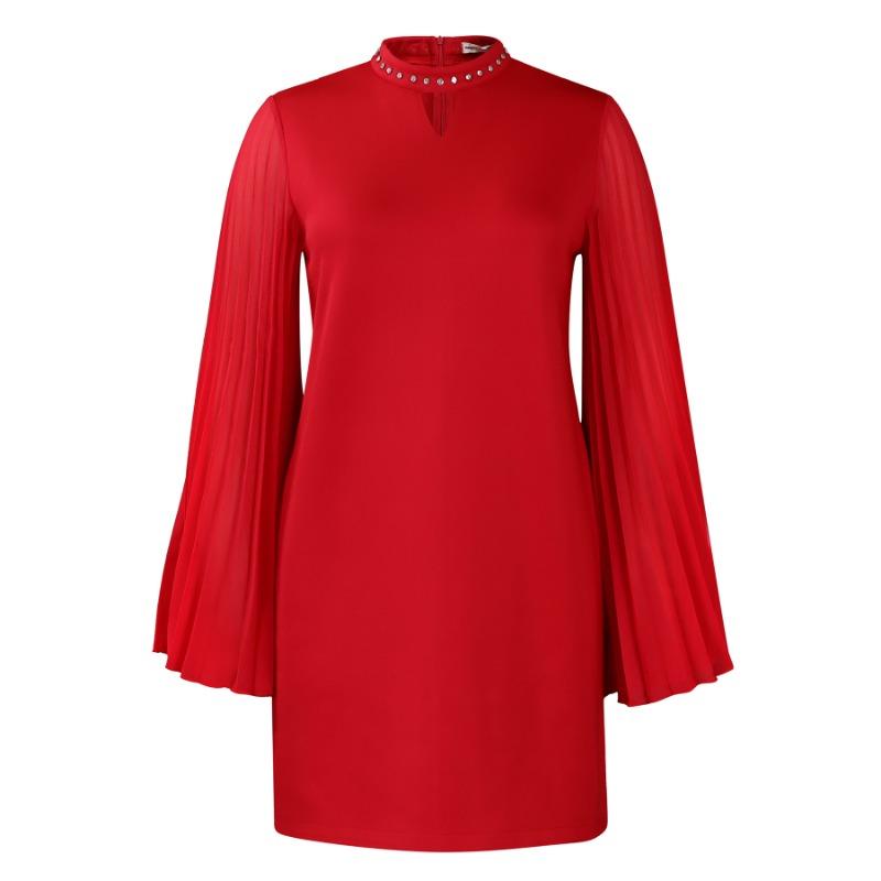 

Новое темпераментное модное платье А-силуэта с рукавами-рожками, плиссировкой и отделкой стразами XXXL красный