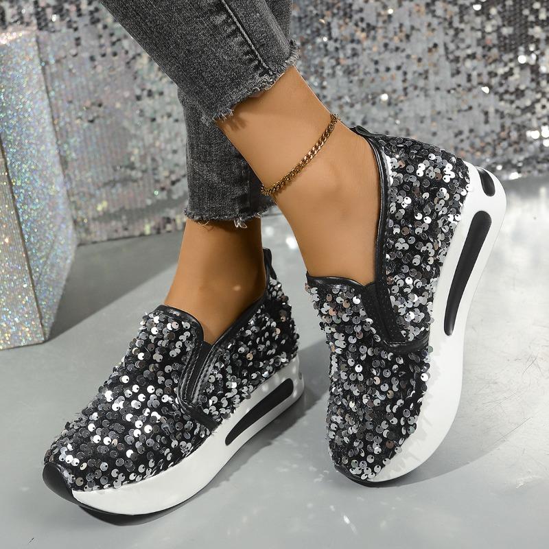

Модные брендовые блестящие кроссовки с пайетками, новый стиль, женские, высокого качества, удобные, на толстой подошве, повседневная женская обувь 42 чёрный