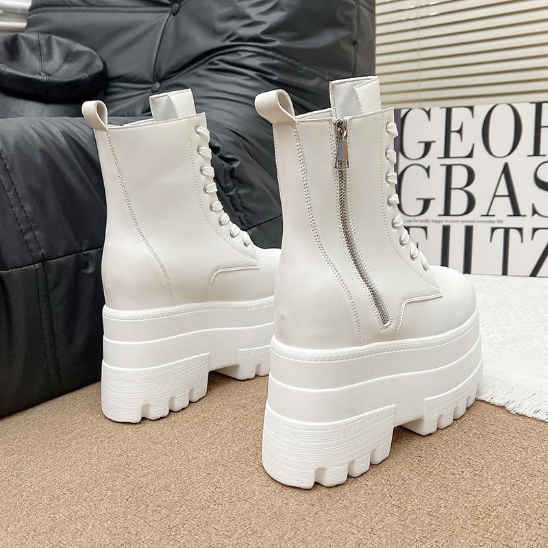 Mode 17 CM,13CM Damen Plateau Stiefel Lässige Outdoor Schuhe Klobig Schlicht Schnürdesign Stiefeletten Cool Nachtclub Party Schwarze Schuhe