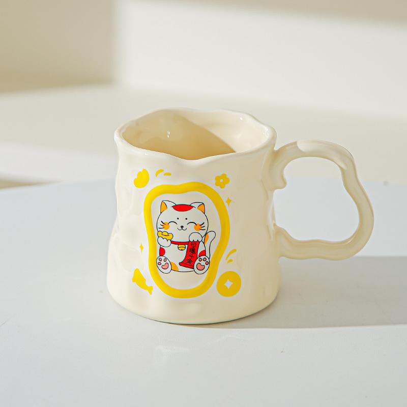 Cupa Ceramică Pisică Norocoasă Desen Animat Cupă Iregulară cu Aspect Înalt Cupă Creativă pentru Lapte/Mic Dejun Suvenir de Deschidere