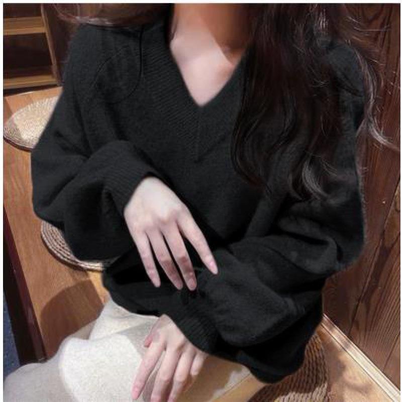 Autumn and winter new gentle wind solid color versatile knitted sweater backing top women's loose and thin pullover sweater with trendy inside