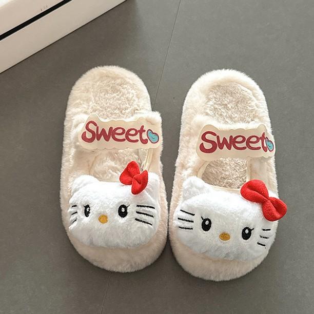 Cartoon Hello Kitty thick-soled warm fluffy shoes for women's 2025 autumn and winter new fashionable retro Velcro bag head slippers
