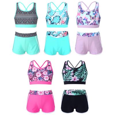 2Pcs Kids Girls Printed Swimsuit Outfit Sleeveless Strappy Back Crop Top with Shorts Bottoms Activewear Set Swimwear