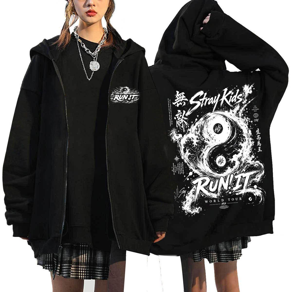 Stray Kids Run It Tour Reißverschluss Hoodie SKZ Grafik Sweatshirt Konzert Merch S black