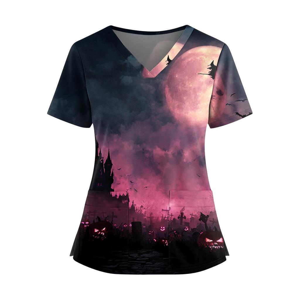 Halloween Print V Neck Short Sleeve Nurse Scrub Top with Dual Pockets and Side Slits Medical Uniform Shirt for Healthcare Professionals