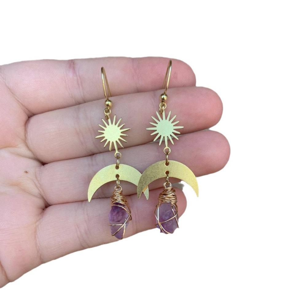 Bohemia Gold Color Sun Crescent Moon Irregular Purple Crystal Dangle Earrings Necklace for Women Charm Jewelry Accessory Gifts