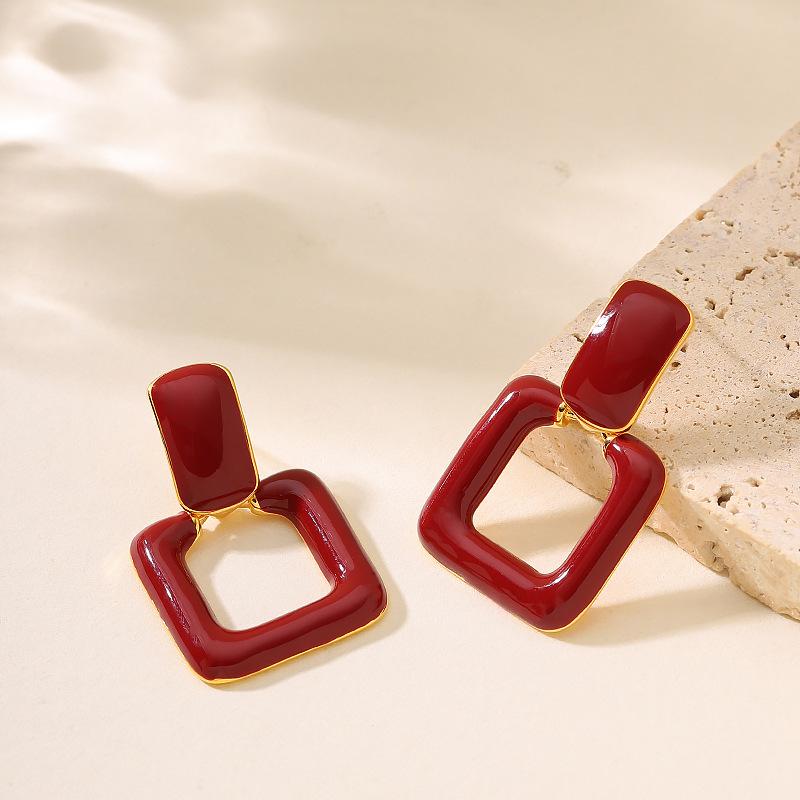 French elegance temperament small fragrant bride festive red dripping geometric square earrings exquisite high-end earrings