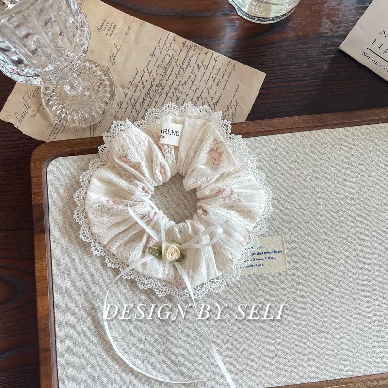 Juliet French Romantic Handmade Hair Tie and Lace Trim Scarf Set - Cotton Fabric, No Hair Damage
