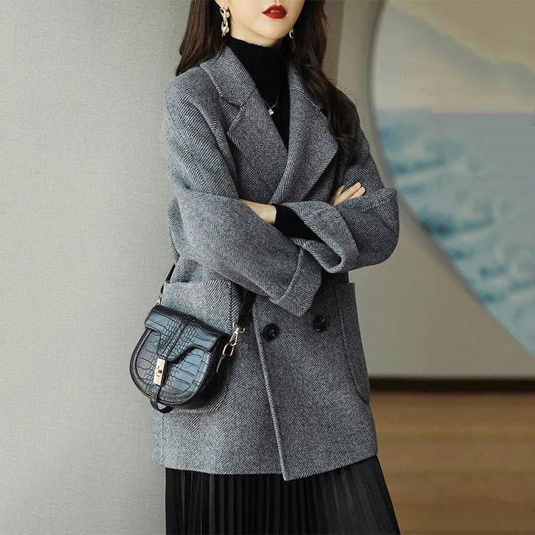 Autumn and winter new woolen medium and long coat women's trendy fashion herringbone pattern loose and thin foreign small women's clothing