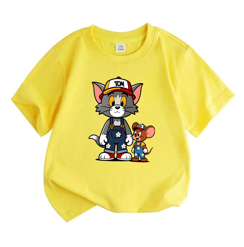 Kids Boys Girls 100% Cotton Crew Neck Short Sleeve T-Shirt, Cute Cartoon Cat Mouse Print Casual Soft Breathable Summer Tee for Toddlers Little Childre