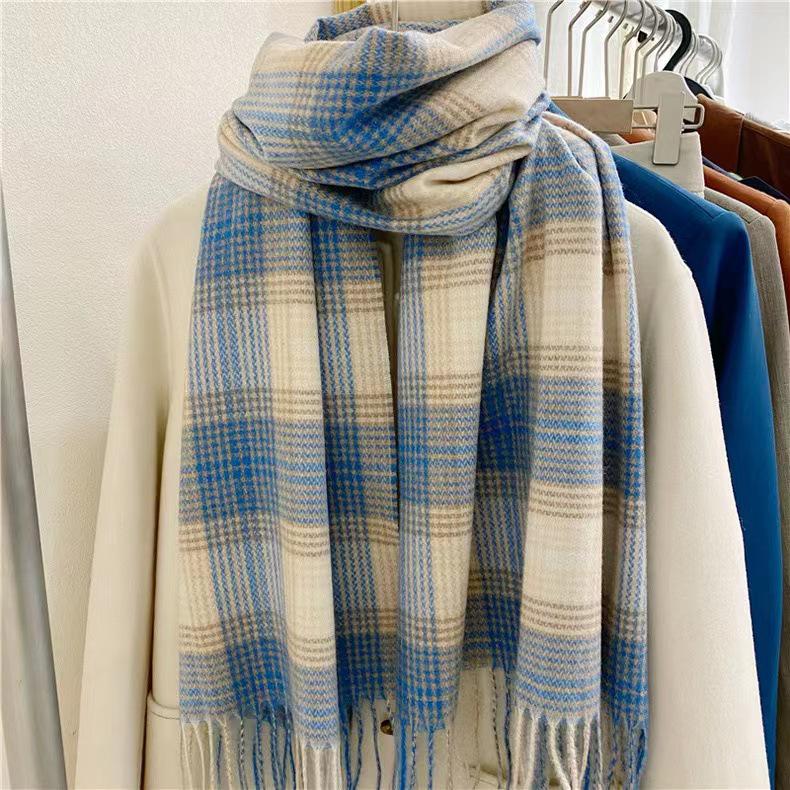 Women's Winter Plaid Imitation Cashmere Tassel Scarf, Thickened Korean Style Neck Warmer