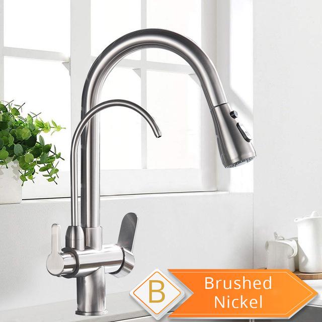 Purification Water Kitchen Faucet Black 360° Rotating Filter Water Faucets Pull Out Sprayer 3 Ways Hot Cold Water Mixer Tap