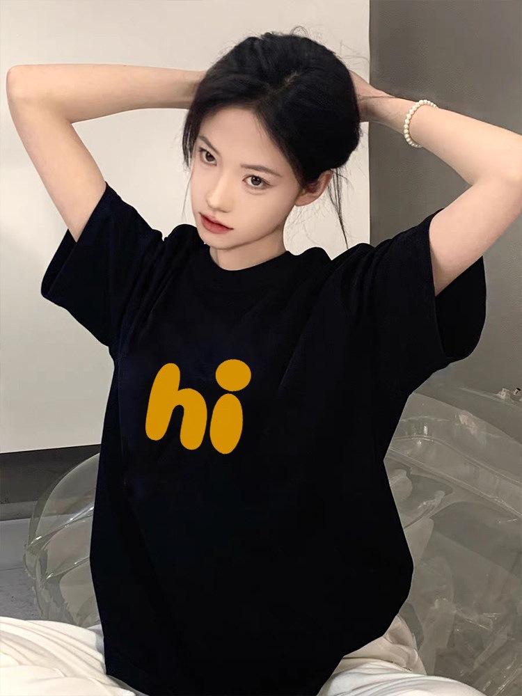 Pure cotton black short-sleeved women's t-shirt new popular summer unique design niche top loose t-shirt