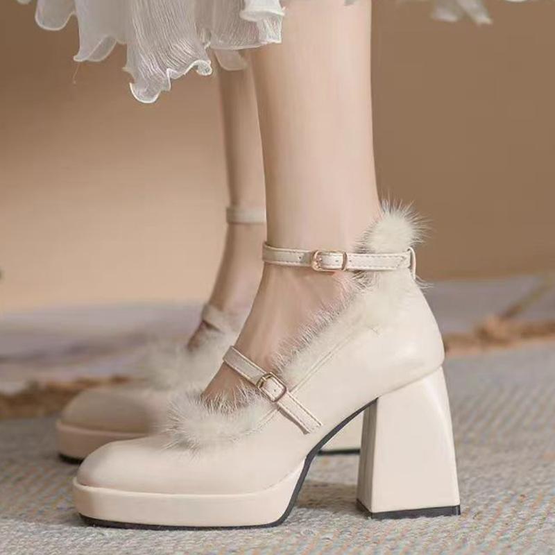 

Женские туфли Мэри Джейн с мелким мехом и квадратным носком, элегантные туфли на высоком каблуке с пряжкой, тренд 2025 года, зимнее платье для вечеринки, Zapatillas Mujer 35 покинуть белый